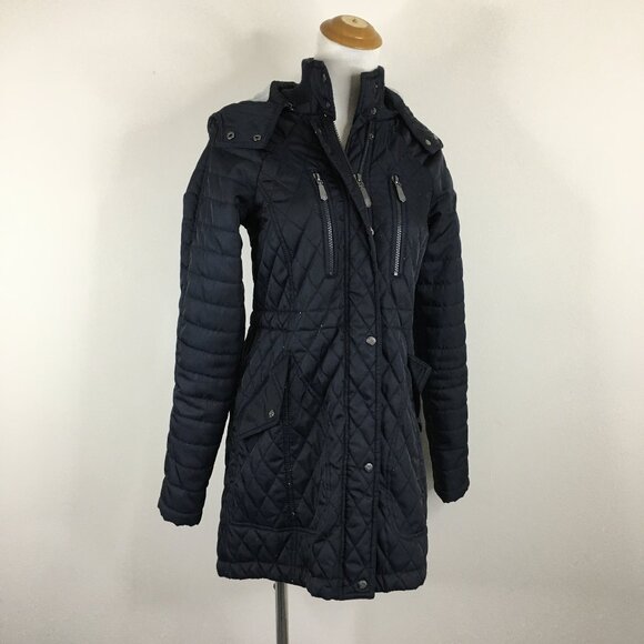 VINCE CAMUTO Dark Blue Quilted Zip Pockets Adj Waist Hem Drawstring Hood Jacket - Picture 1 of 16